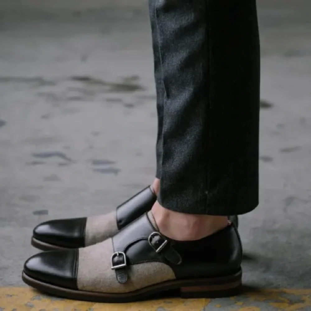 Taft Men’s Double Monk Strap Shoes in Italian Leather and Grey Flannel